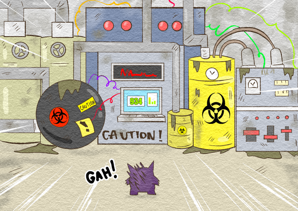 Jinji comes face-to-face with a humongous machine with pipes and wires connecting up numerous barrels marked with biohazard symbols. Sludge and gas leaks all over the machine, and warning labels are everywhere. A computer lies in the centre of the machine's lowest point, with "Caution!" graffiti'd underneath.