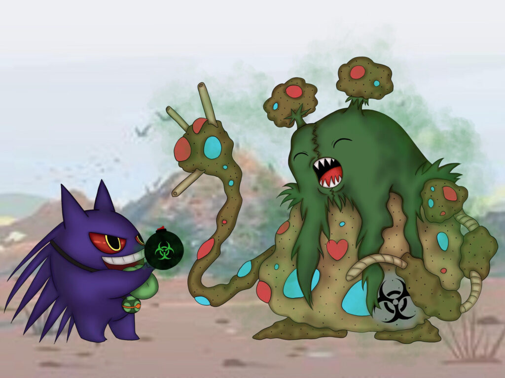 A very smelly Garbodor smiles gleefully as he is presented with a small, black explosive with a green biohazard symbol on its side by a unique-looking Gengar with lengthened, sharpened back spikes. The Gengar has a green tongue which it is showing off as it passes over the bomb, as though it knows mischief is about to occur!