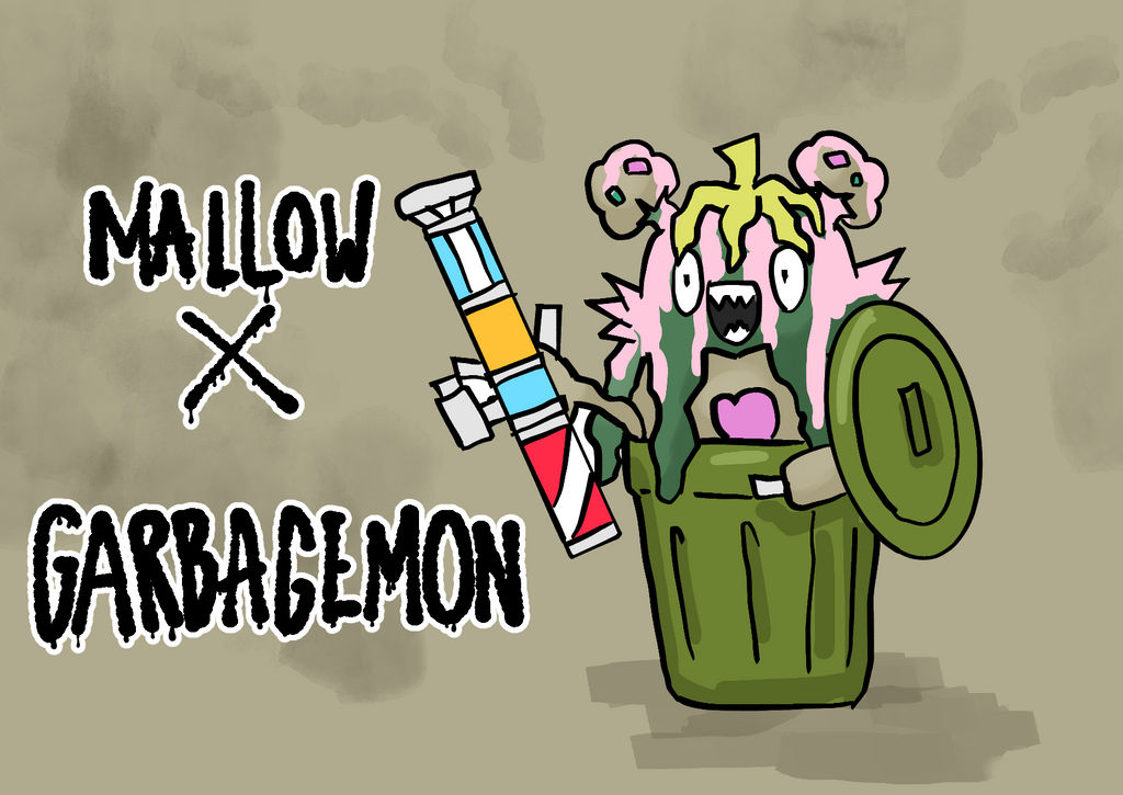 Mallow the Garbodor cosplaying as the Digimon "Garbagemon”. The stinky Garbodor stands inside a green dustbin, with a banana peel on his head and pink paint dripping down his face, and holding a bazooka-like weapon formed from recycled cans.